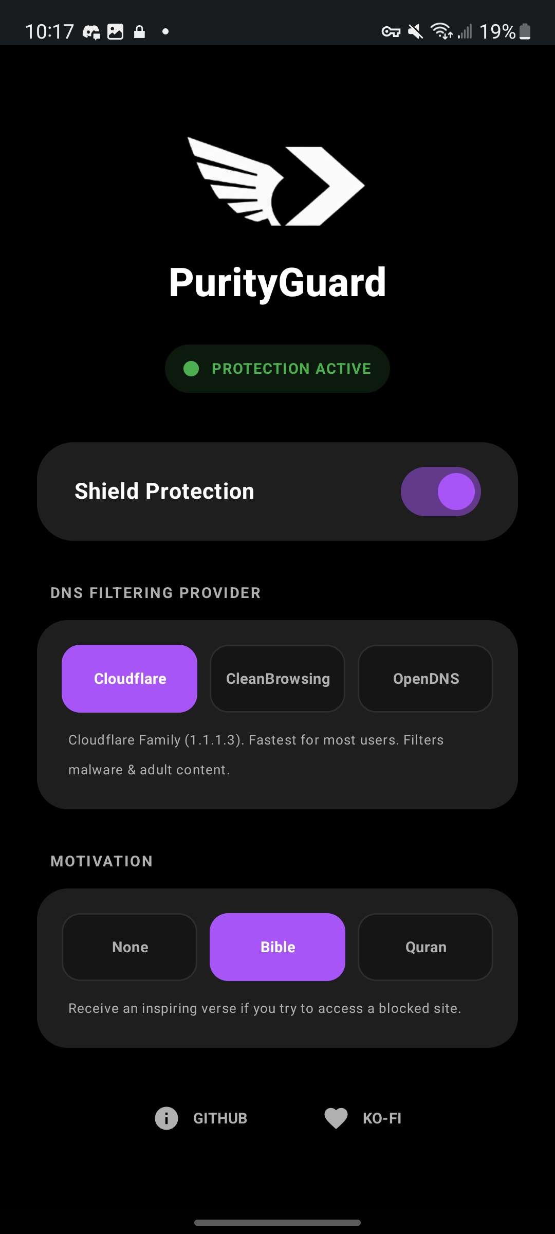 PurityGuard home screen